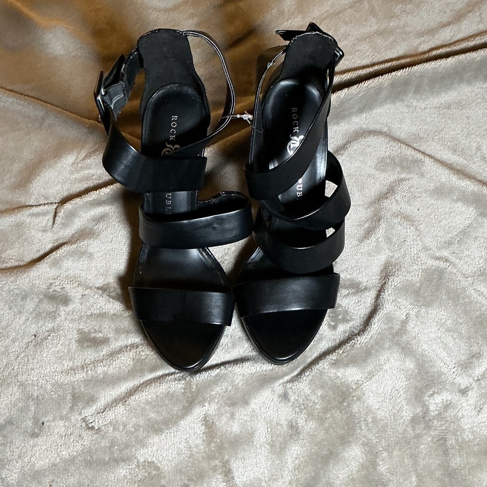 Rock & Candy Black Strappy Block Heel Sandals with Buckle